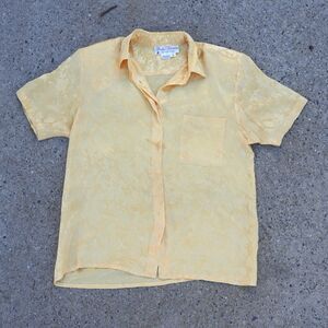 VTG 80s Balla Valentina 100% Silk Yellow Floral Button Up Blouse M Coastal Retro